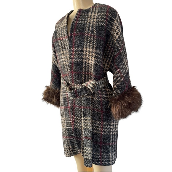 Vintage Y2K Echo Brown Wool Blend Plaid Overcoat Faux Fur Cuffs Wrap‎ Jacket M/L - Picture 3 of 15